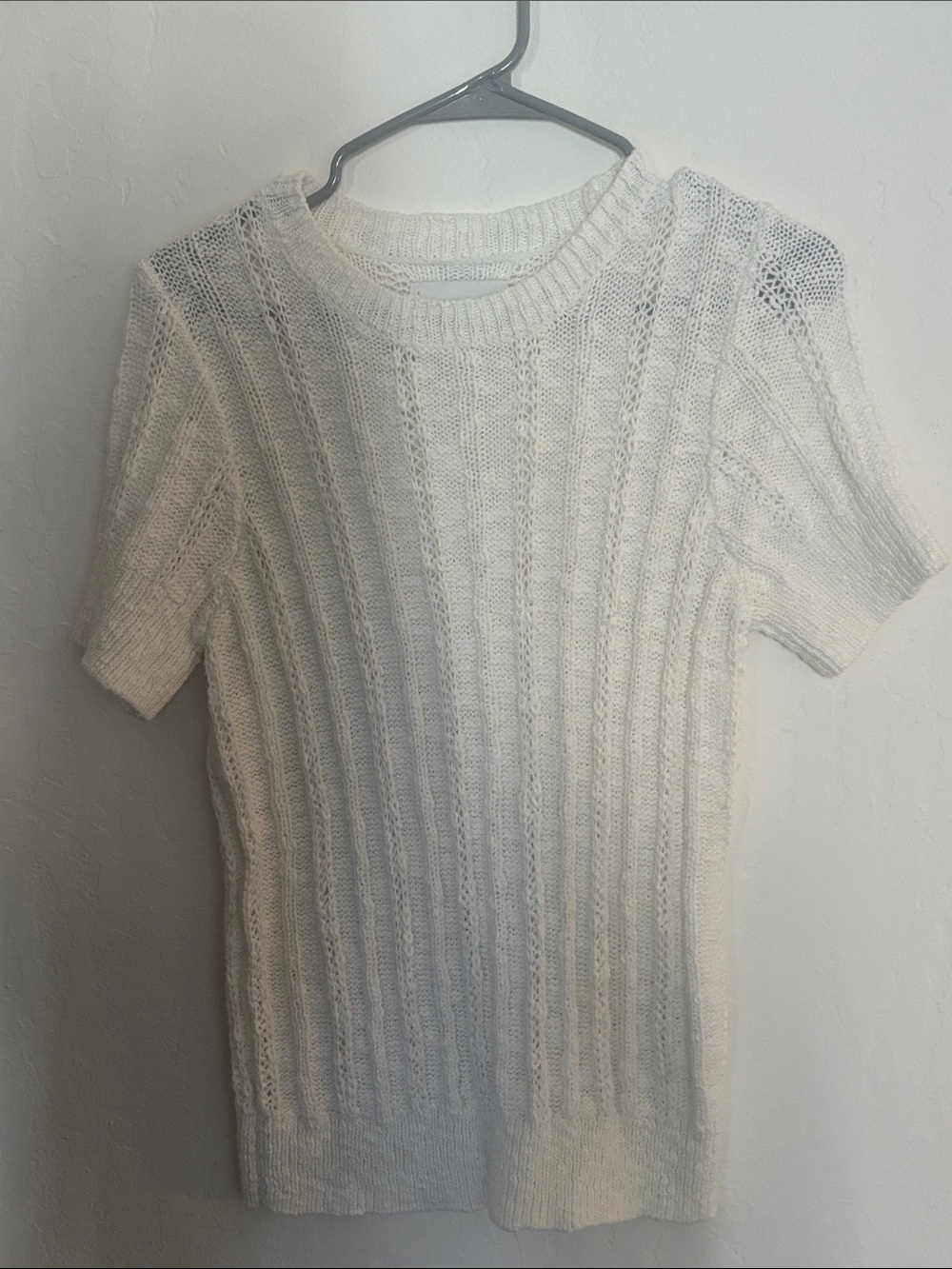 Lucky Brand White Short-Sleeve Cable Knit Crew Sweater